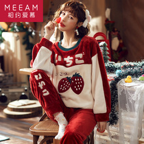  Autumn and winter pajamas female hairy coral velvet sweet and cute flannel thickening can be worn outside home service suit