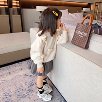 Female children white sweater autumn clothes 2021 New Children Baby Girl Spring and Autumn foreign style cartoon bear hooded top