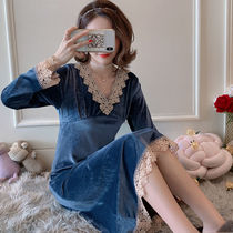 Night dress female spring gold velvet Korean long skirt long-sleeved sexy V-neck mid-length luxury velvet autumn and winter pajamas