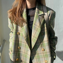 South Korea 2021 new spring and autumn loose temperament plaid blazer womens middle and long British style suit top women