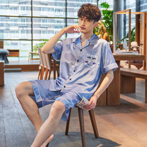 Pajamas men summer ice silk short sleeve cardigan thin Cartoon Summer silk men loose size home suit suit