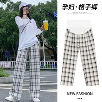 Pregnant women in summer new thin linen plaid trousers Large size maternity pants maternity leggings