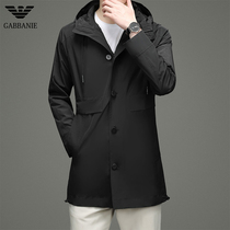 Chiamania trench coat mens spring and autumn Korean leisure big name mens long black hooded coat tide