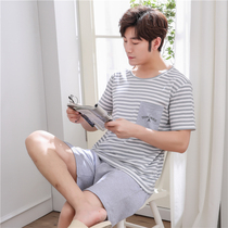 Mens pajamas summer short-sleeved cotton youth vest mens summer short-sleeved shorts thin casual home wear set