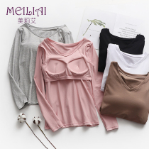 Autumn clothes with chest pad top cup one piece of cotton thermal underwear base shirt interior V collar long sleeve T-shirt