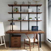 Industrial wind solid wood computer desk simple desk bookshelf one iron bookcase combination double desktop computer table