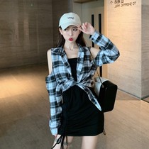 0730 Dora Chaochang Peoples Hall early autumn heart machine strapless black and white plaid shirt female slim drawstring suspender jumpsuit