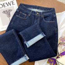 Version ju thin spring and autumn new wild small straight tube old vintage dark indigo can be flanged 9 points jeans