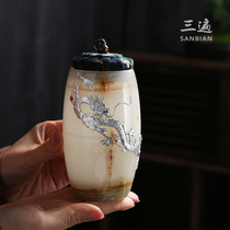 Three times inlaid silver Dragon glass Puer flower tea storage tank sealed tank Cork tea set inlaid silver glass tea pot