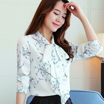 Western Chiffon Blouse Women Long Sleeve 2021 New Spring and Autumn Loose Fashion Joker Bow Printing Belly Small