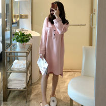 Night dress womens autumn and winter long student long sleeve lapel loose large size sweet cotton Korean pajamas home clothes