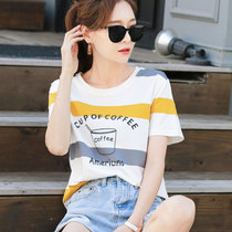 Cotton thick striped short sleeve t-shirt womens loose Korean version of womens spring and summer clothes 2021 new clothes ins tide