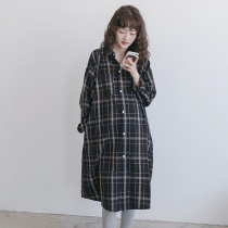 Pregnancy Woman Dress Dress Shirt Spring Medium Long Style Spicy Tidal Moms Pure Cotton Fashion Plaid Jacket Loose Lining Dress
