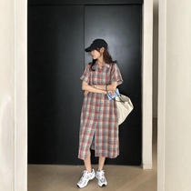 2021 Spring Girl color red lattice dress Korean loose slim chiffon skirt short sleeve dress straight skirt women