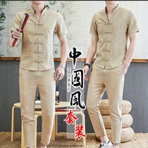 2020 Summer new suit men Chinese style trend casual cardigan two-piece summer dress ankle-length pants set of clothes