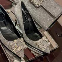 Silver wedding shoes women 2020 Autumn and Winter new square buckle rhinestone sequins bride Crystal usually can wear stiletto heels