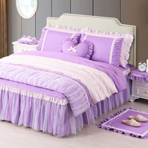 Clever life purple cotton four-piece bed skirt bed sheet Cotton quilt cover Lace floral Princess style bedding