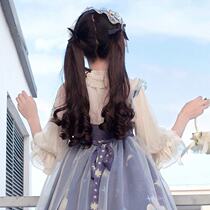 Day tying strap style long roll double ponytail wig cute straight braid hair accessories wig ladies high double ponytail