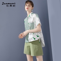 Sasu Ni short sleeve top print cotton striped shirt women loose 2021 summer commuter wild 11489