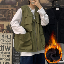 Autumn and winter plus velvet tooling tactical vest men ins harbor wind multi-pocket sleeveless waistcoat tide card function coat