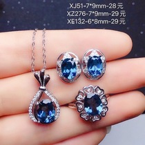 New Ultra Shiny Treasure Stone Blue London Blue Natural Toppstone Suit S925 Pure Silver Earbuds Pendant Necklace Ring