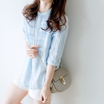 Shirt Woman Spring Summer Thin Cotton Hemp Korean Version Round Collar Loose 100 Hitch Pure Color Temperament Commute 70% Sleeve Linen Lining