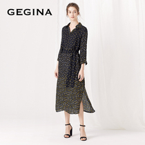 GEGINA Gigina womens new V-neck lace-up print floral silk Mulberry silk dress womens casual A- line dress