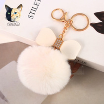 Car keychain cute female imitation Rex rabbit bow fur grass powder keychain creative ins bag pendant decoration