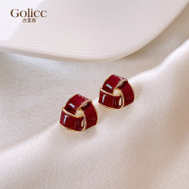 Deep red triangle ear nails 925 pure silver ear needle retro autumn and winter ear decoration 2022 new tide earring