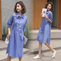 Loose POLO Collar Middle Waist Routine 2021 Summer Skirt Short Sleeve Mid-Length blue striped shirt Lieven dress