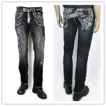 Spot new personality skeleton embroidery rivet black Harley Indian Knight mens jeans locomotive trousers