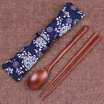 Solid wood chopsticks wood spoon suit and wind-style chopstick spoon combined outdoor travel quality gift chopstick ins cloth bag