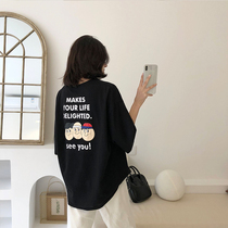Hong Kong Chao brand 2021 summer new Korean version of cotton size women's seven sleeve jacket loose short sleeve black T-shirt