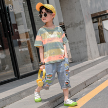 Net red overfire children suit 2022 summer new Korean version Trend foreign air boy pure cotton short sleeve T-shirt Two sets