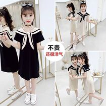 Girls summer clothes pure cotton one-piece dress 2022 new 9 little girl Ocean Gas Navy Wind 8 College Wind Dress