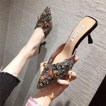 Hong Kong 2022 Summer new web Red half slippers Baotou cold drag high heel women wear fashion fine heel pointed