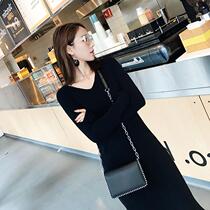 2020 Spring and Autumn New Korean Fashion Women Small Retro Sexy Slim Knitted Black Dress