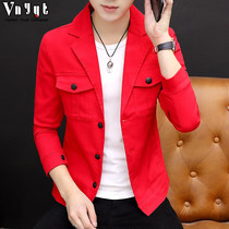  Hong Kong mens autumn tooling denim jacket 2021 social guy Korean slim simple youth red jacket