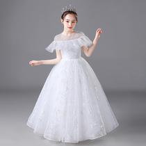 High-end Flower Girl Wedding Dress White foreign girl dress Princess dress childrens piano performance dress puffy gauze spring and autumn
