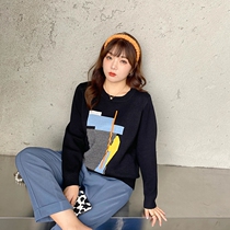 Cai Duobao large size womens winter fat new widened creative design color knitted sweater thin wool sweater