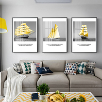 Smooth sailing Crystal porcelain decoration hanging painting black and white Nordic golden sailboat framed painting Living room background wall triptych mural