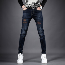 High-end mens embroidered jeans 2021 autumn new slim-legged pants cotton-bomb casual versatile long pants men