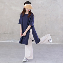 Girls summer dress minimalist round collar pure cotton Compassionate Lady Pao Loose Casual Soft long with open fork lace T-shirt dress