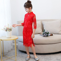 Red Girls Cheongsam dress Spring and autumn western style Chinese style Childrens Cheongsam womens dress Birthday host long sleeve