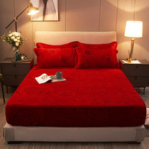 Wedding Festive Great Red Warm Milk Suede Bed Hat Three Sets Coral Suede Bed Linen Bed Flange Suede