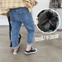 Real wear slim stretch denim trousers Korean version of male and female children tight-fitting water wash cotton slim fury trimmed trousers 169