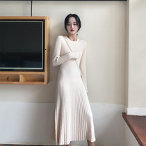 SYT autumn and winter must-enter bottoming knitted dress womens slim and thin pleated elastic sweater skirt mid-length skirt