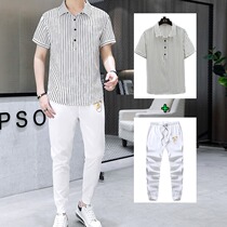 Summer mens casual suit Mens loose trend to turn over short sleeve T-shirt length pants Two sets of mens set mix