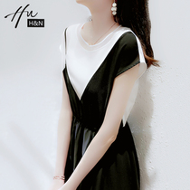 French high-end fake two-piece dress design sense niche summer new waist thin commuter temperament small black skirt