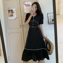 Large size womens clothing French niche short-sleeved dress Fat sister waist retro skirt Western style thin over-the-knee skirt tide